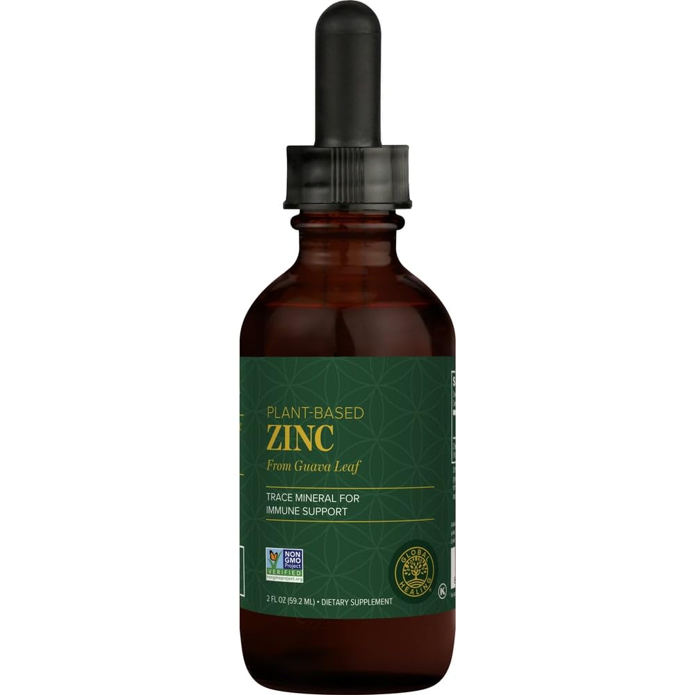 Global Healing Center zinc liquid bottle on shelf highlights vegan, organic formula for daily wellness.
