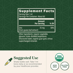 Global Healing Center zinc liquid ingredients close-up shows guava leaf extract and antioxidants.