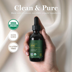 Global Healing Center zinc liquid label USA close-up emphasizes manufacturing in a cGMP facility.