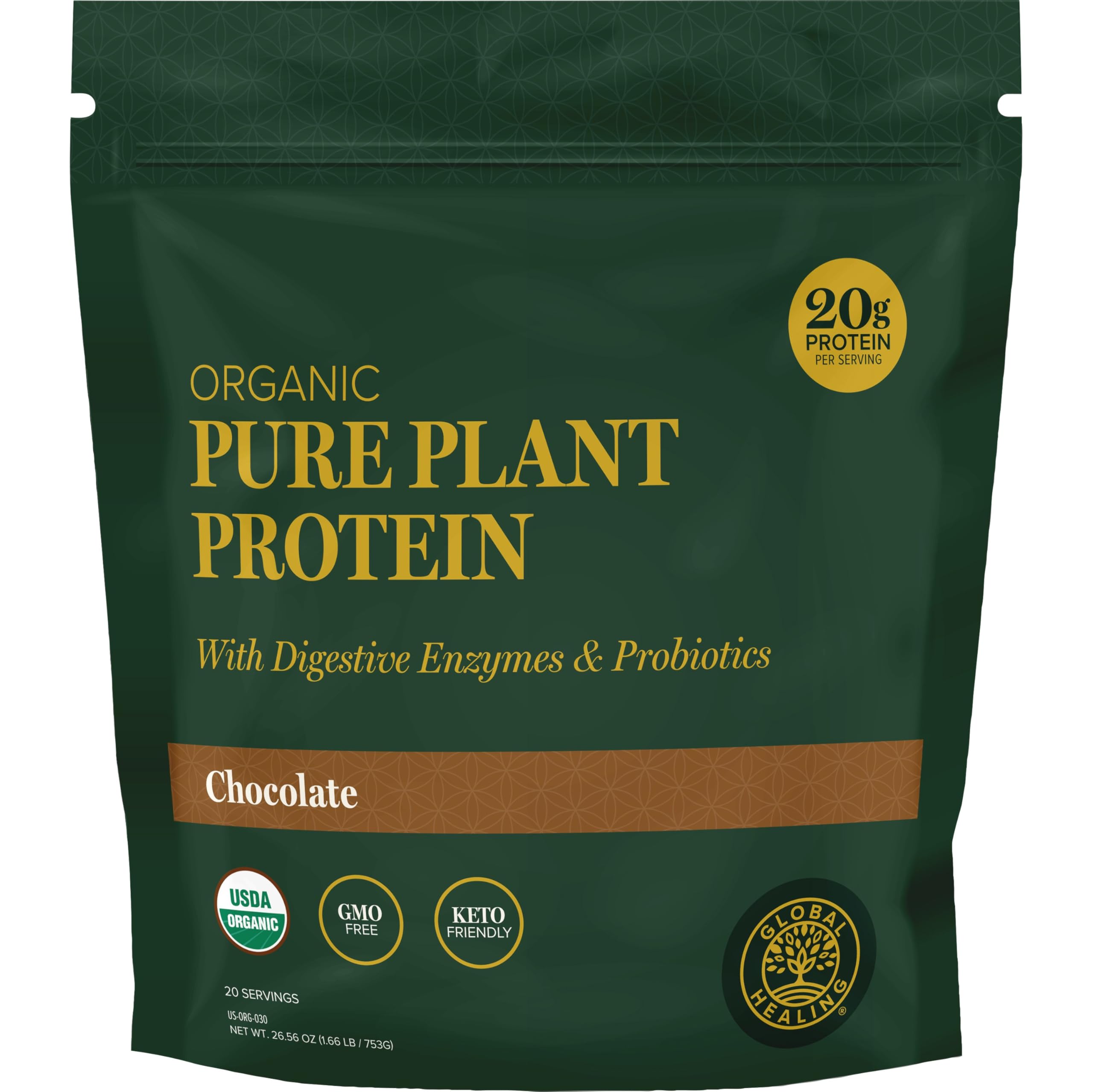 Global Healing Organic Plant Chocolate Protein Bottle showing a smooth, dairy-free shake for daily workouts