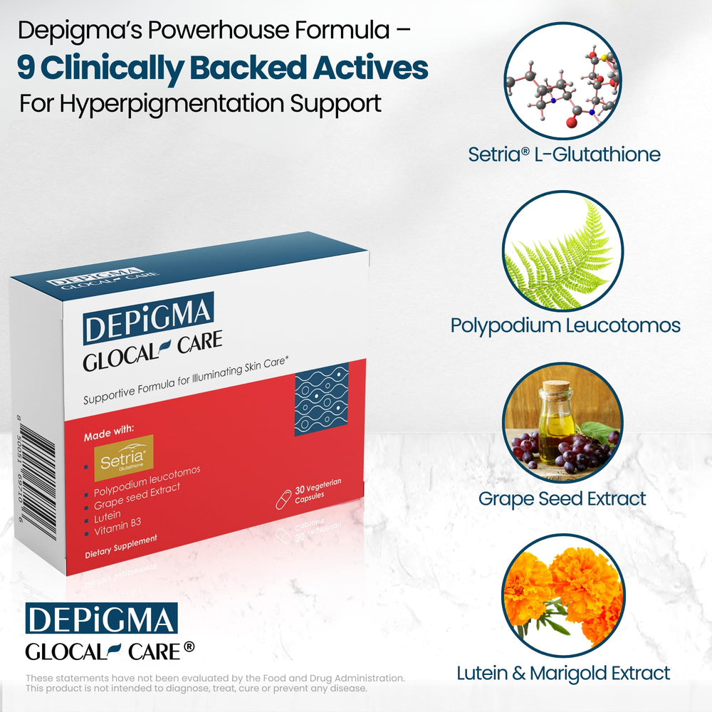 GlocalCare Depigma with Setria L-Glutathione close-up as a master antioxidant booster.