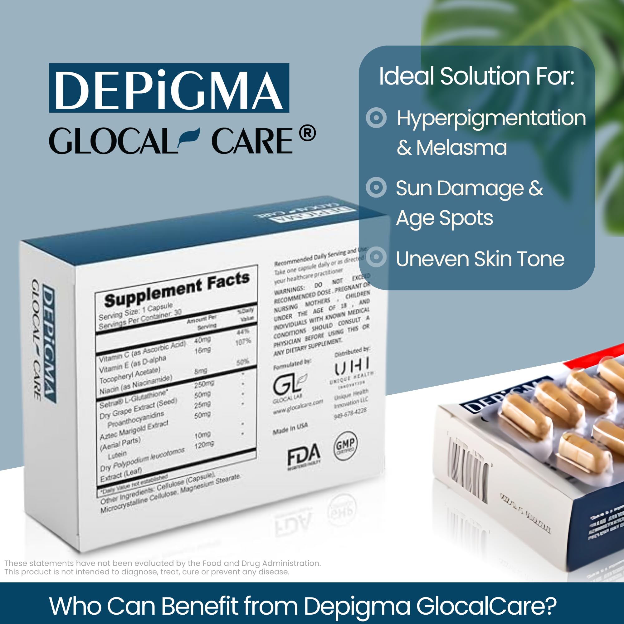 GlocalCare Depigma label close-up emphasizing premium plant extracts.