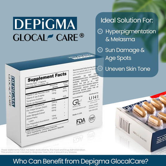 GlocalCare Depigma label close-up emphasizing premium plant extracts.