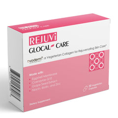 GlocalCare Rejuvi capsule closeup showing vegetarian collagen for skin elasticity and hydration