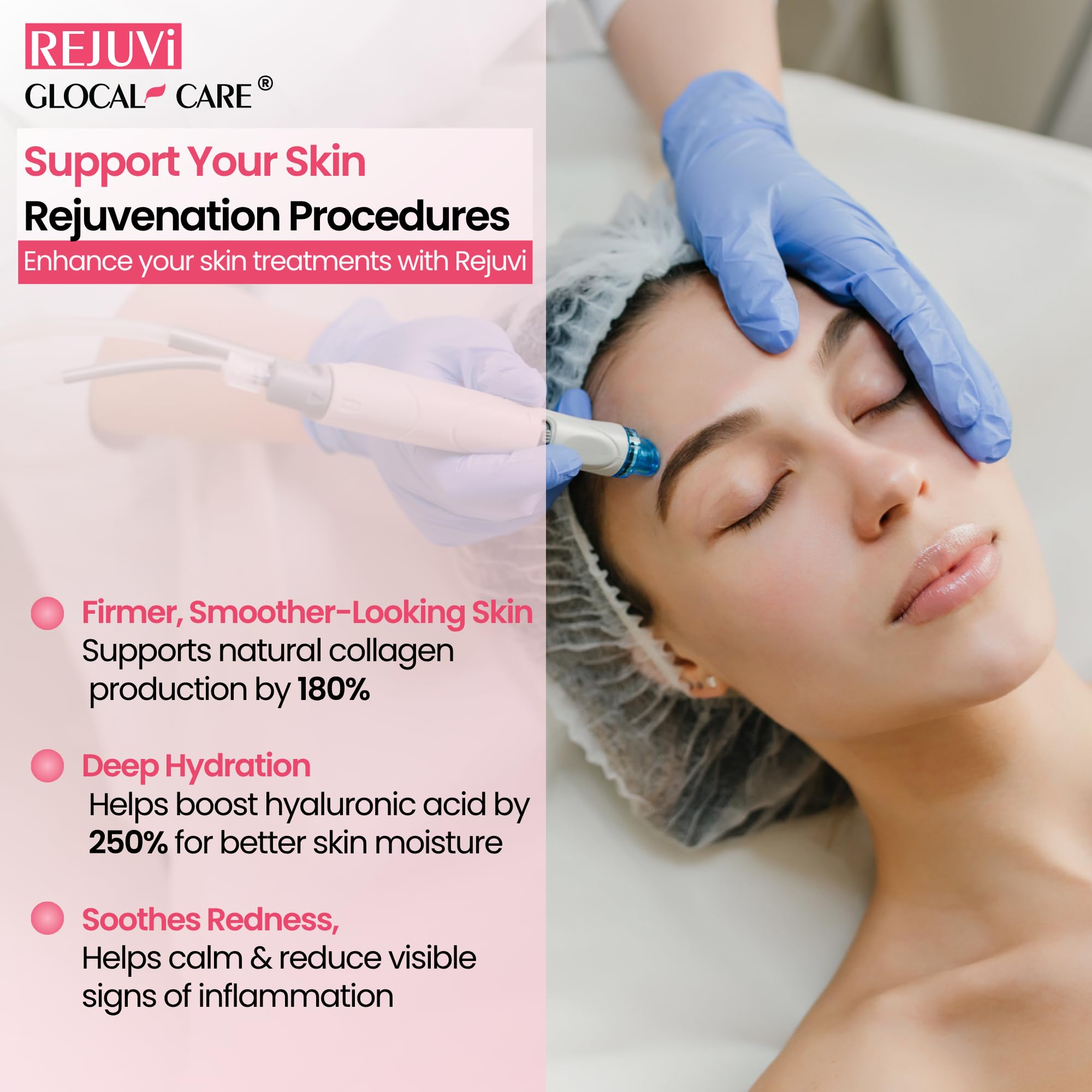 GlocalCare Rejuvi skin elasticity and hydration visual suggesting plump, refreshed skin