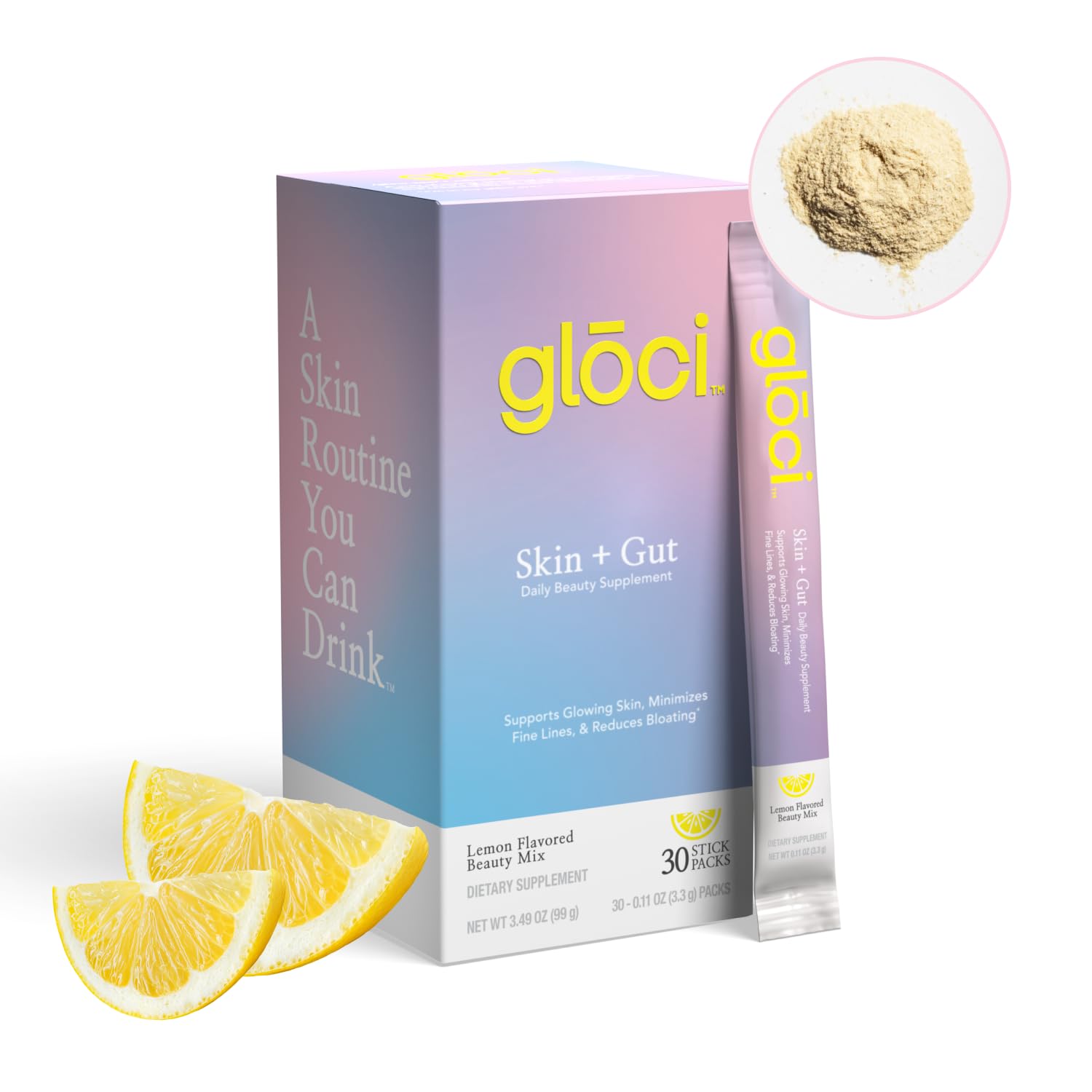 Glōci Skin + Gut bottle with DE111 capsules for daily wellness support.