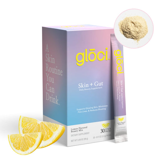 Glōci Skin + Gut bottle with DE111 capsules for daily wellness support.
