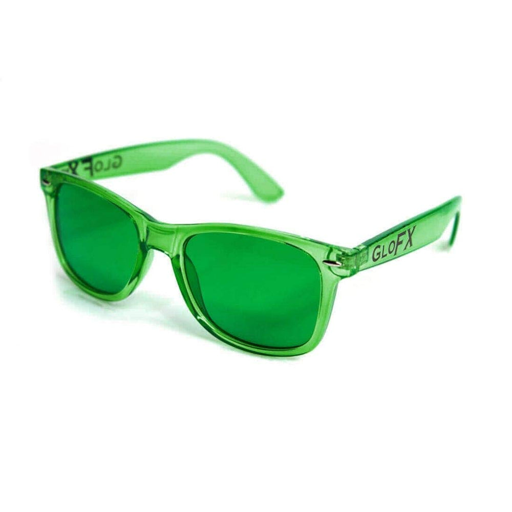 GloFX color therapy glasses 5-pack worn for uplifting mood and style.