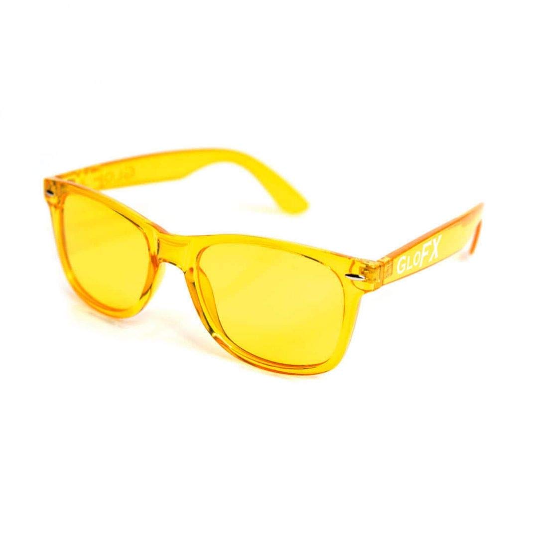 GloFX color therapy glasses frame closeup showing durable hinge design.