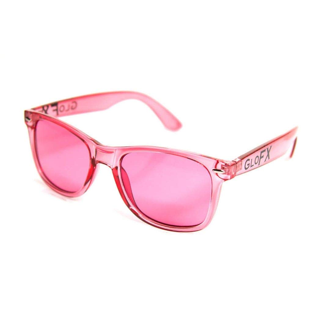 GloFX color therapy glasses lens closeup highlights scratch-resistant lenses.