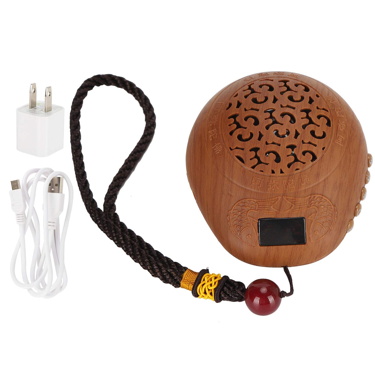 GLOGLOW Wood Grain Buddhist Prayer Machine front view for calming meditation.