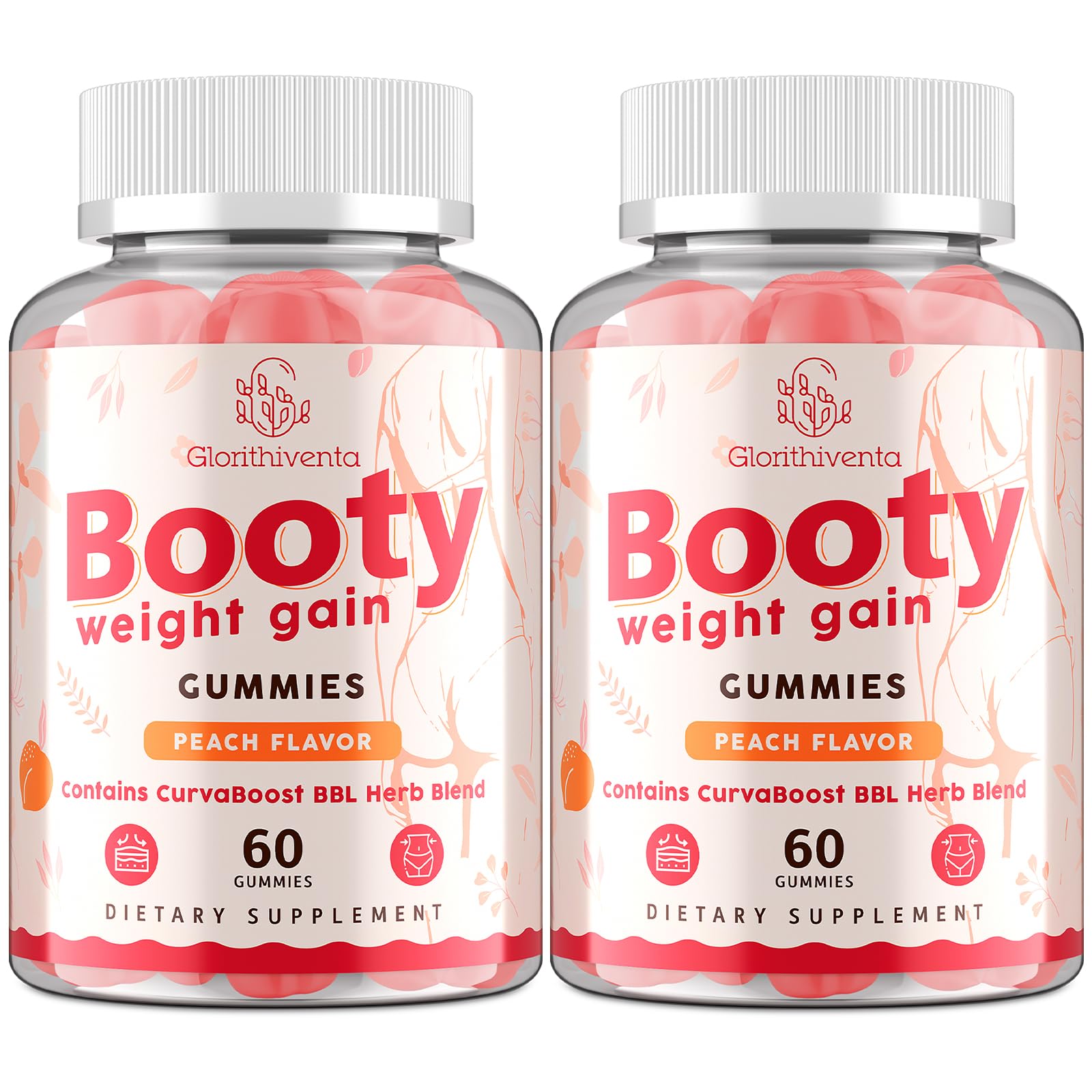 Glorithiventa Booty Gummies peach bottle showcase a zero sugar vegan treat for daily curves.