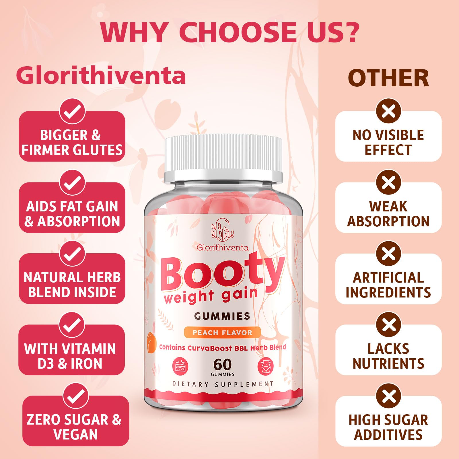 Glorithiventa Booty Gummies vegan label emphasizes plant-based, sugar-free indulgence