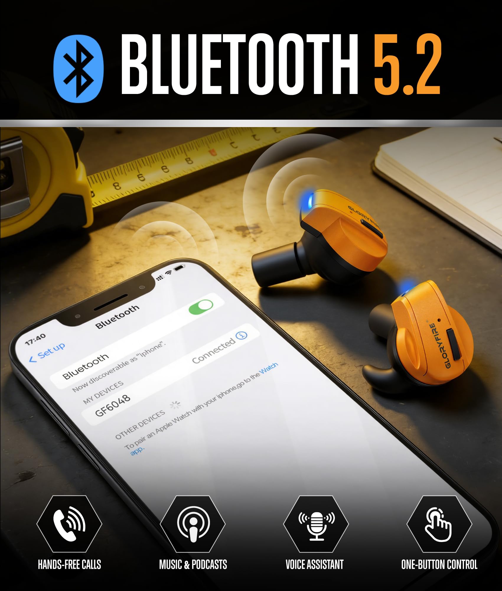 GLORYFIRE earbuds deliver 26 dB NRR protection in loud environments.