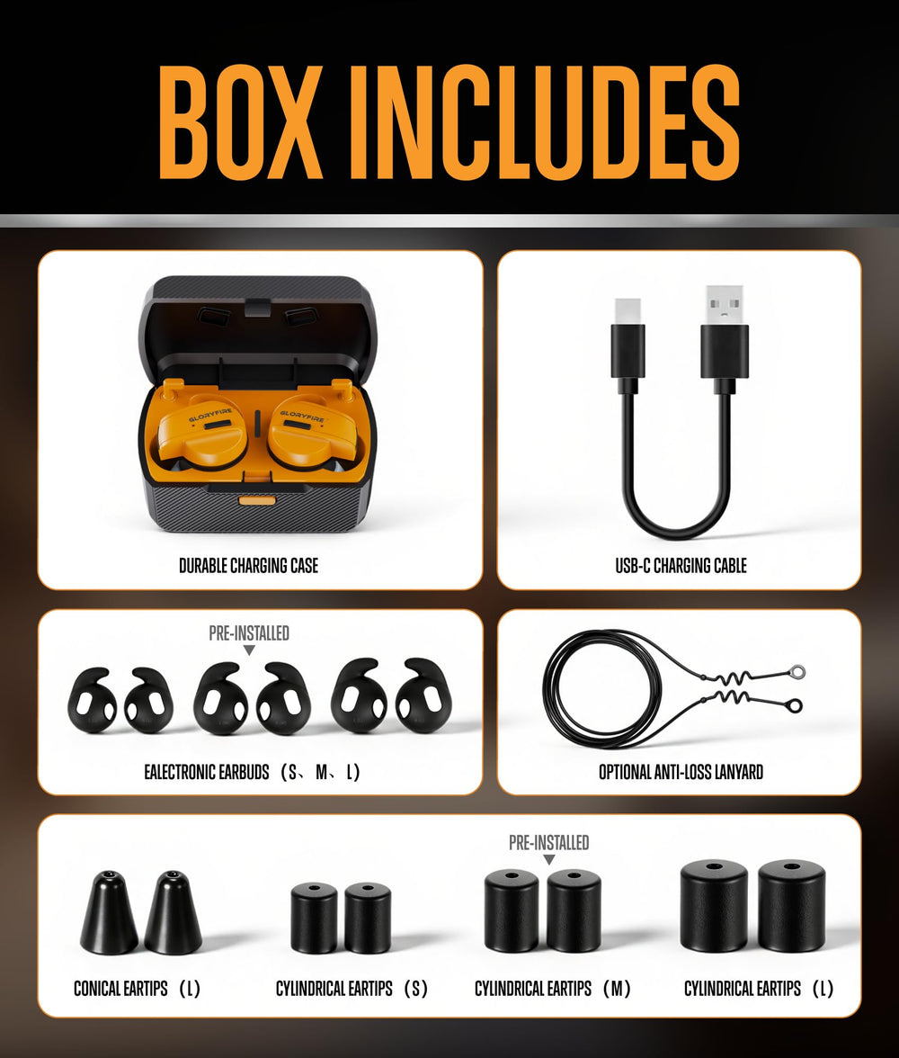 GLORYFIRE earbuds in black and orange present a professional safety look.