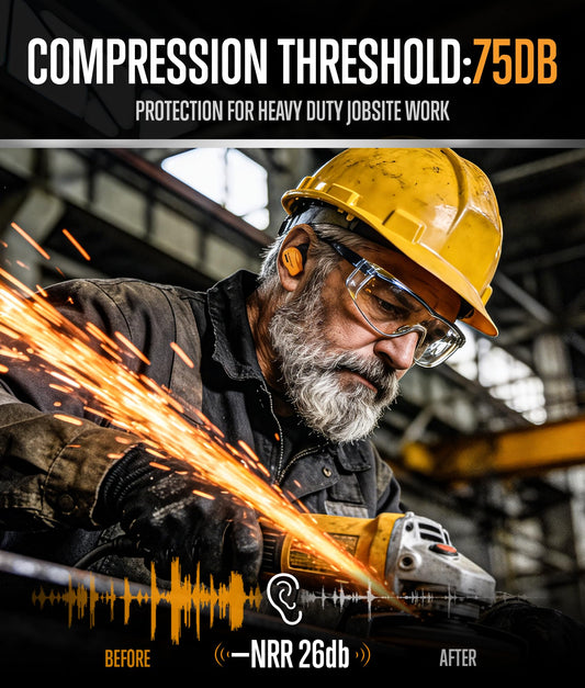GLORYFIRE earbuds worn on construction site demonstrate effective noise reduction for noisy environments.