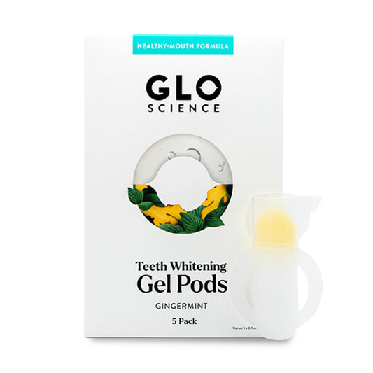 GLO Science So Brilliant whitening gel bottle showing enamel-safe whitening for a brighter smile.
