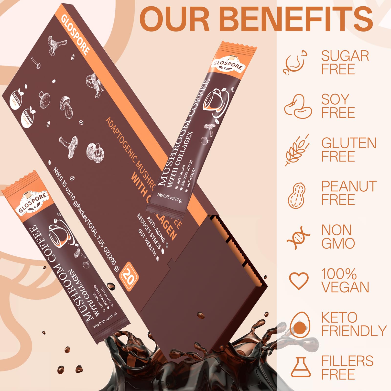 GLOSPORE collagen peptides illustration beside coffee for skin-support ritual.