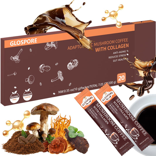 GLOSPORE instant mushroom coffee stick ready for on-the-go energy and focus.