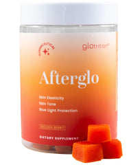 Glotrition Afterglo Gummies bottle closeup highlights lutein for skin support.
