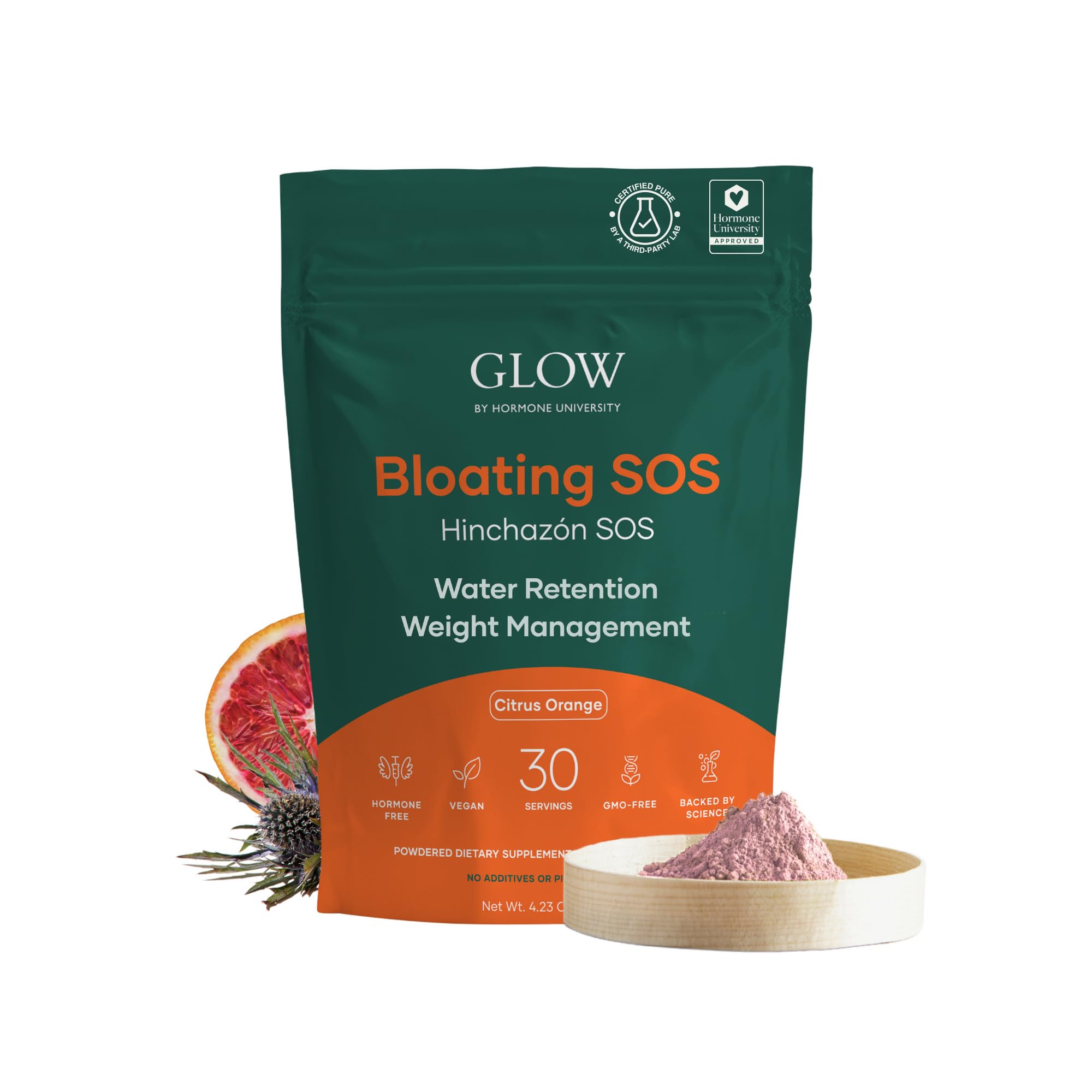 Glow Botanica Bloating SOS canister with citrus powder for daily relief