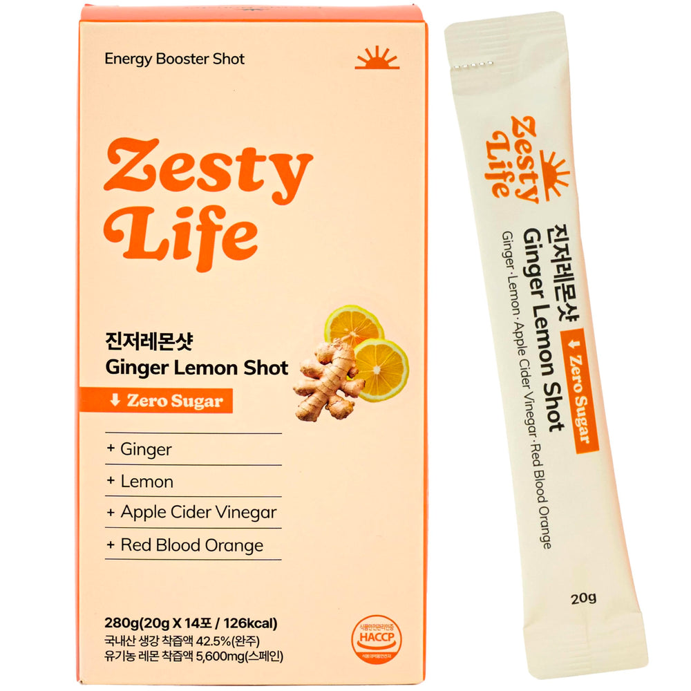 Glow Shine Zesty Life ginger lemon shot bottle shows vibrant, balanced flavor for on-the-go.