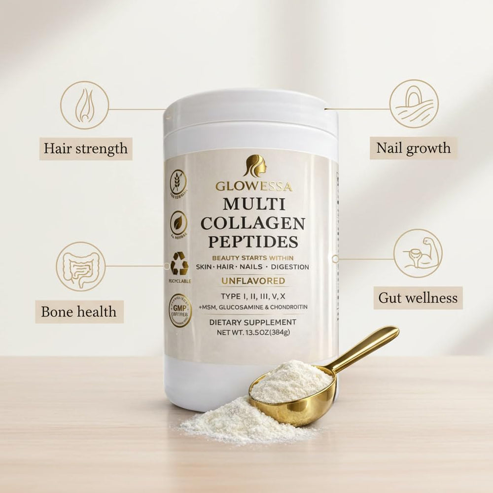 Glowessa collagen powder mixed into a smoothie for skin and nails support