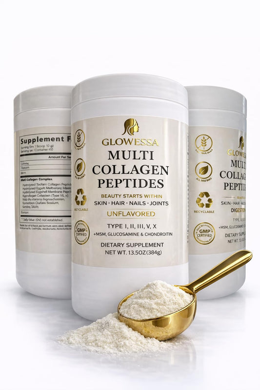 Glowessa multi collagen powder tub shown for daily beauty and joint support