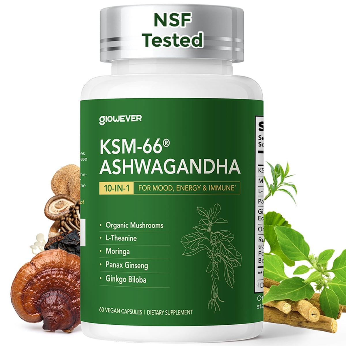 GlowEver KSM-66 Ashwagandha capsules for potential mood balance and daily focus.