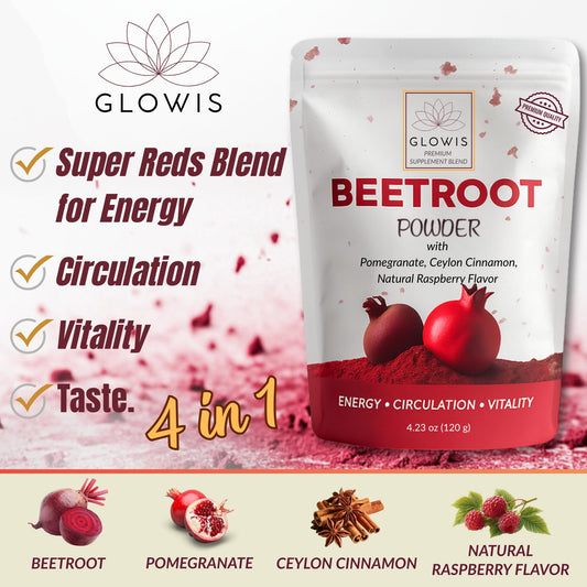 GLOWIS beet root powder bag showing ready-to-use organic mix