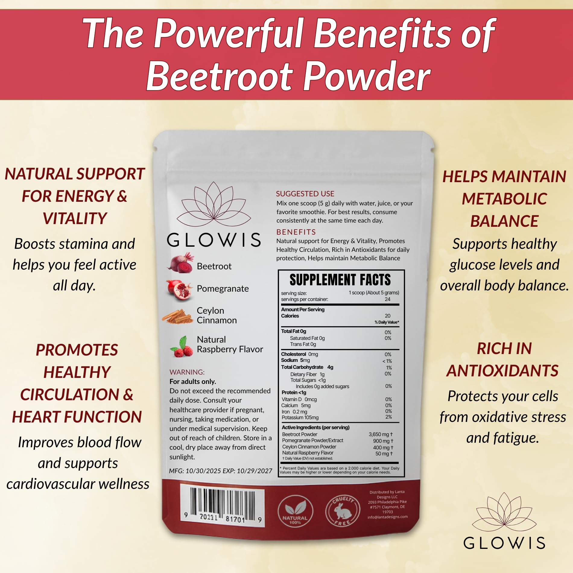 GLOWIS beet root powder with pomegranate-raspberry flavor blend
