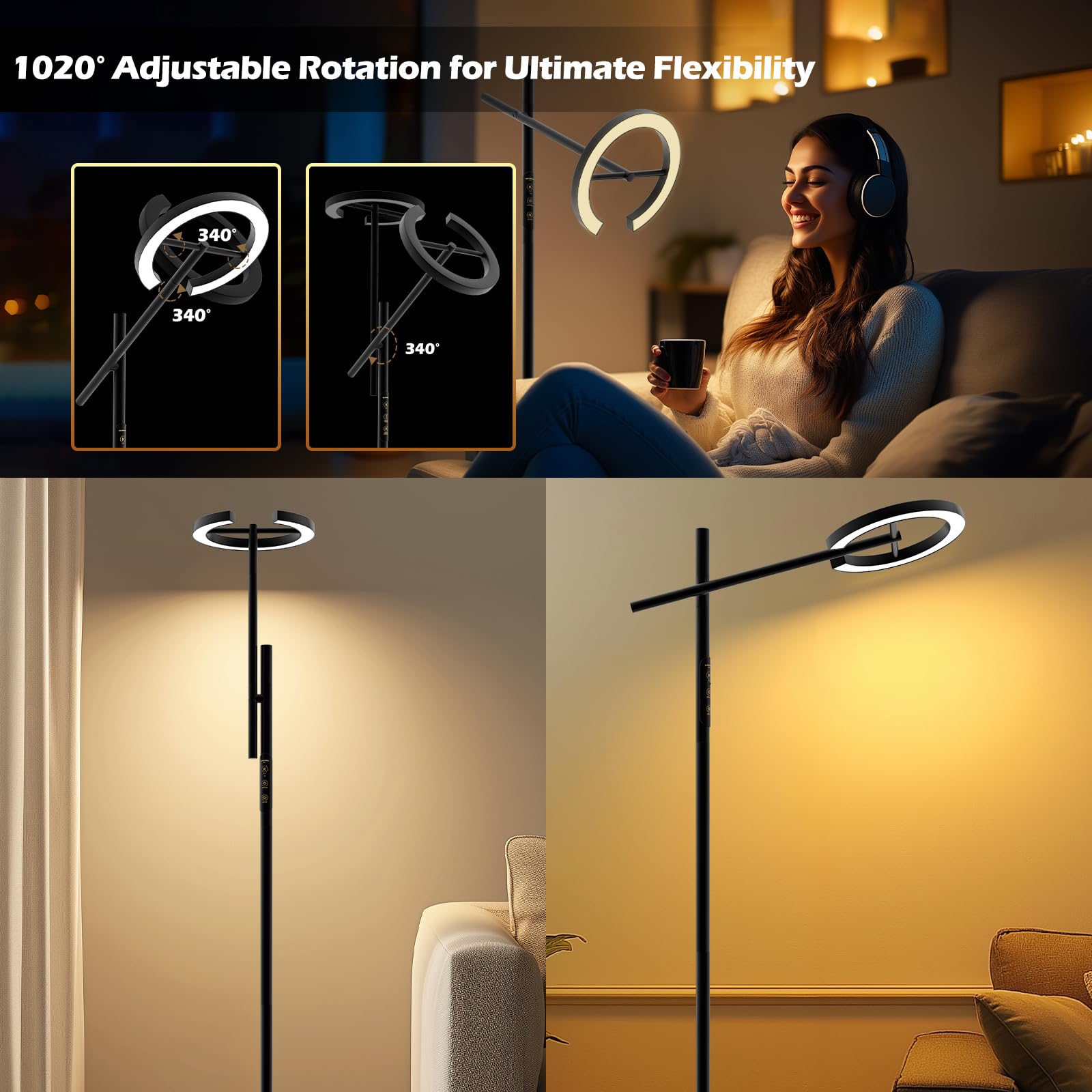 GLOWRIUM floor lamp head rotation shows flexible positioning for tasks.