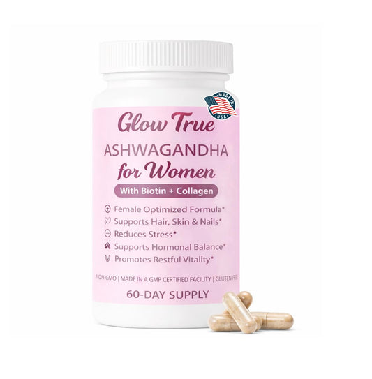 GlowTrue Ashwagandha Women bottle image showing calm mood support and daily resilience