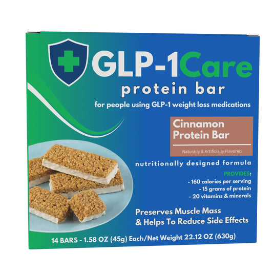 GLP-1Care Cinnamon Protein Bar pack ready for on-the-go snacking and protein support.