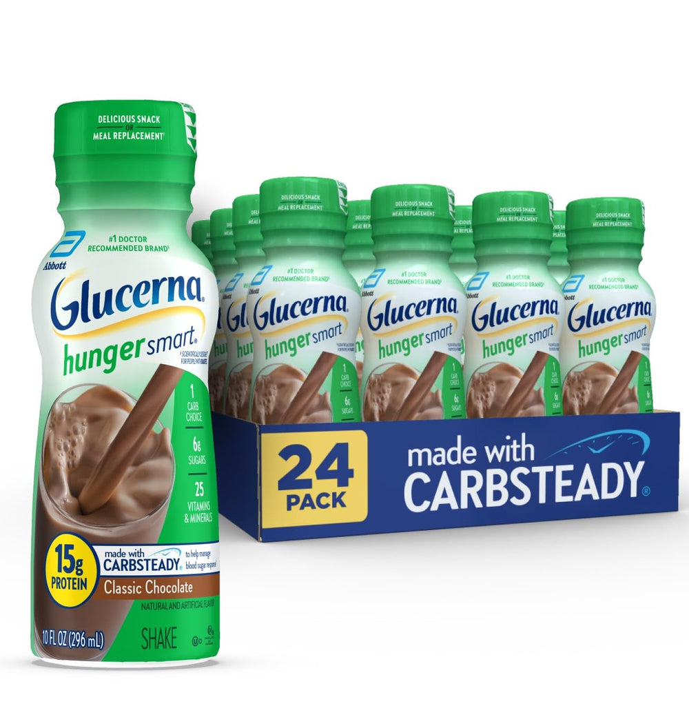 Glucerna Hunger Smart chocolate shake pour, supports balanced blood sugar response.