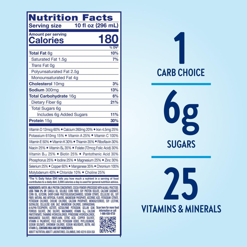 Glucerna Hunger Smart peaches creme shake glass, immune-supporting nutrients highlighted.