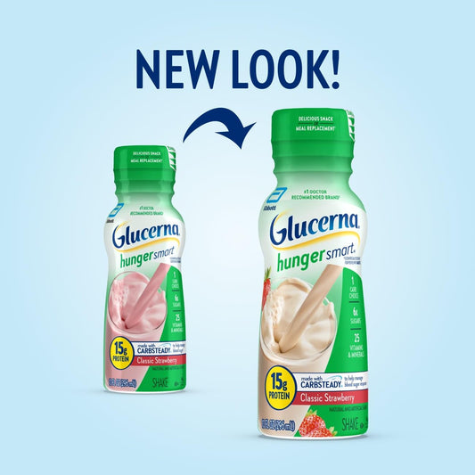 Glucerna Hunger Smart vanilla bottle highlighting 15 g protein support.