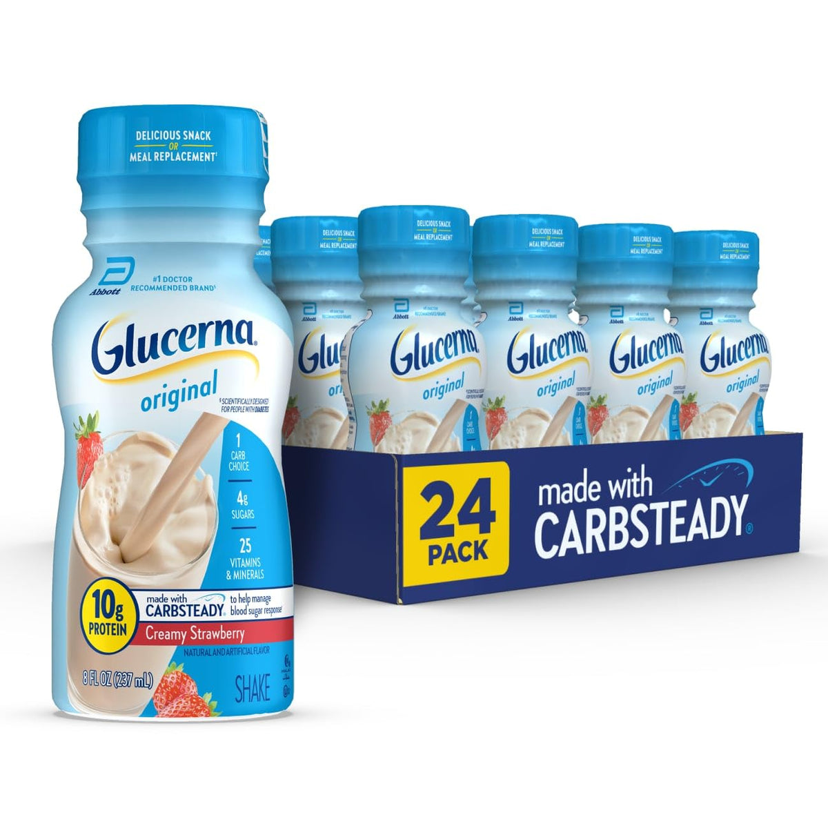 Glucerna Original Creamy Strawberry bottle highlights balanced nutrition for diabetes care