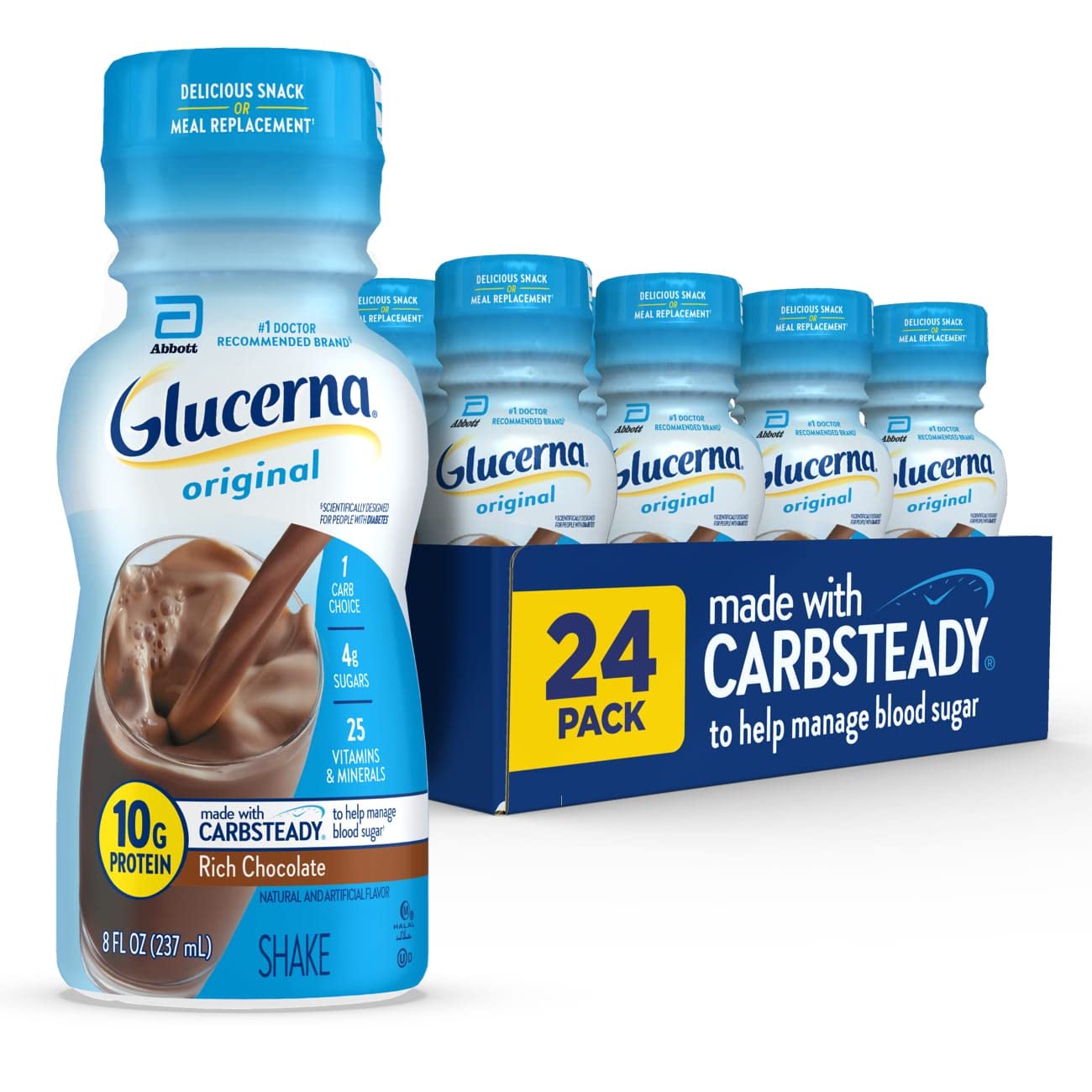 Glucerna Original Rich Chocolate bottle pour shows portable nutrition on the go