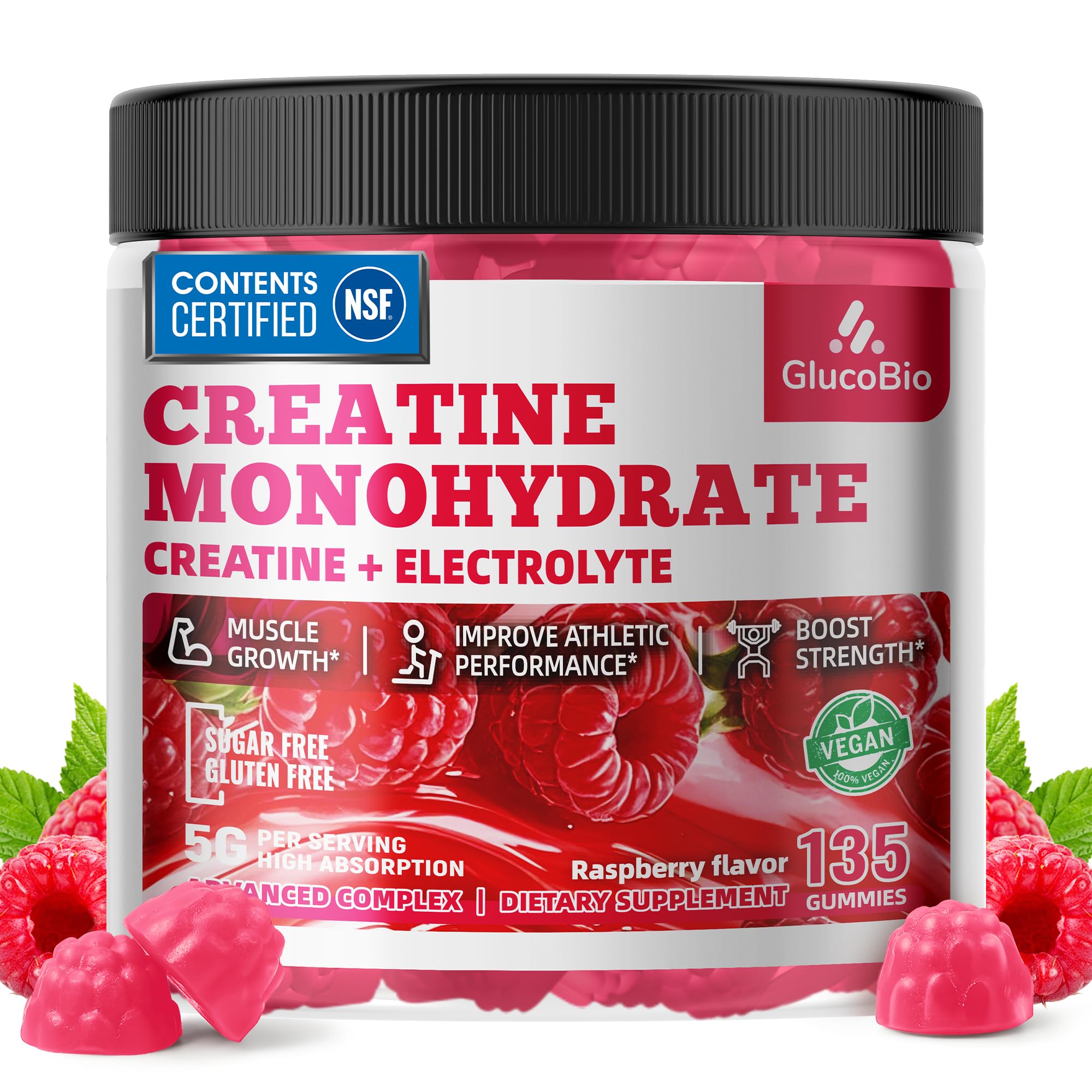 GlucoBio Creatine Raspberry Gummies bottle shows 5g per serving for quick pre-workout support