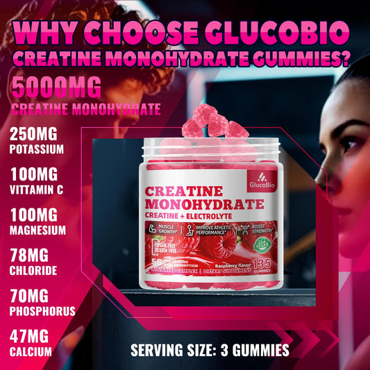 GlucoBio Creatine Raspberry Gummies closeup highlights chewy texture and delicious taste