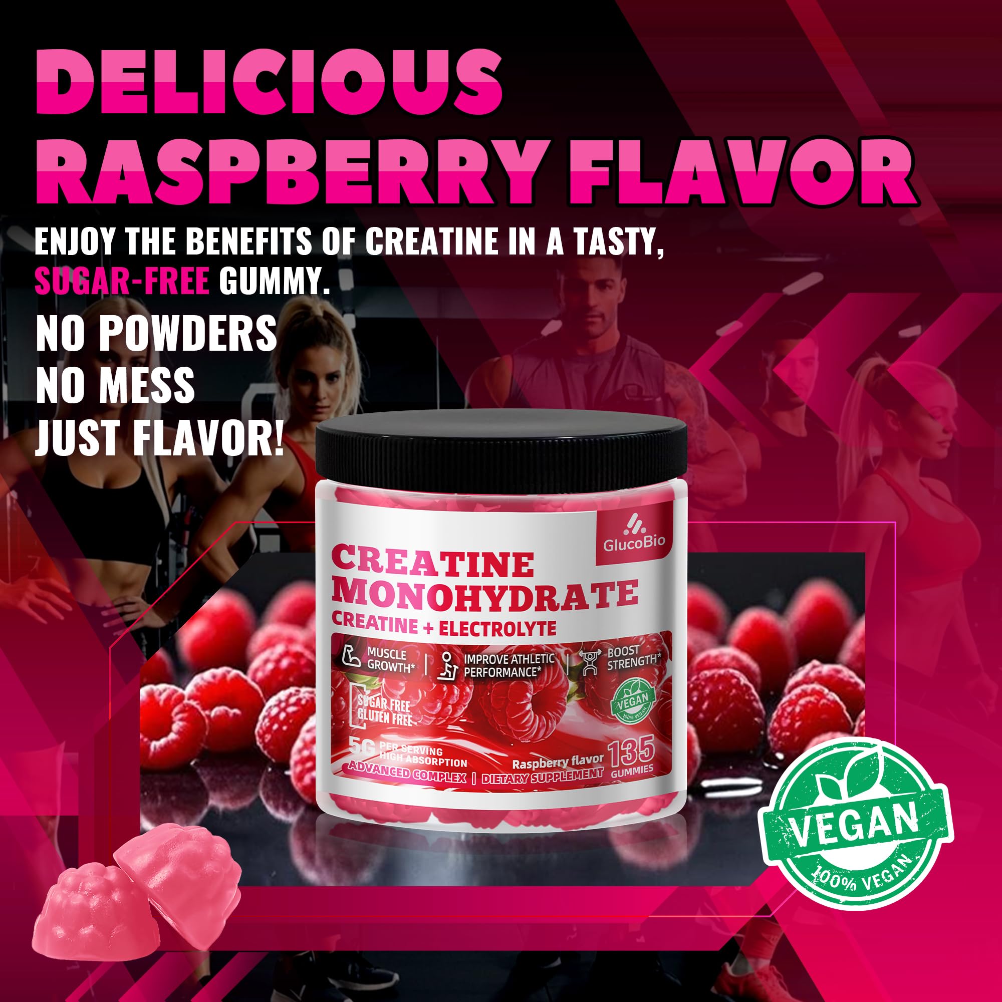 GlucoBio Creatine Raspberry Gummies serving suggestion shows three gummies for a single dose