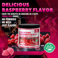 GlucoBio Creatine Raspberry Gummies serving suggestion shows three gummies for a single dose