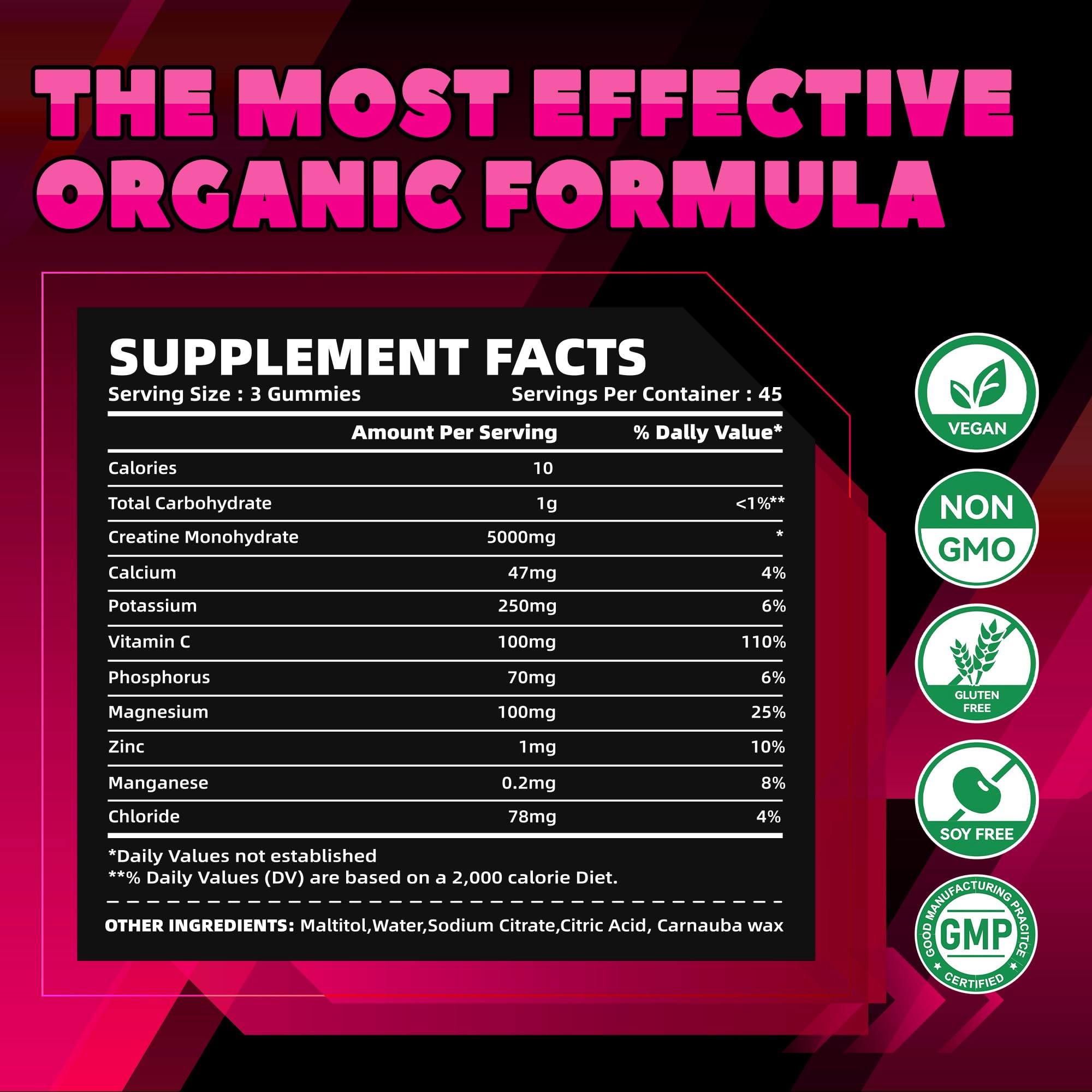 GlucoBio Creatine Raspberry Gummies label emphasizes vegan, non-GMO, and gluten-free formula