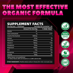 GlucoBio Creatine Raspberry Gummies label emphasizes vegan, non-GMO, and gluten-free formula
