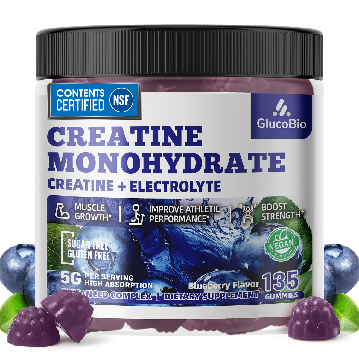 GlucoBio Creatine Monohydrate Gummies bottle pour shows convenient pre-workout energy support.