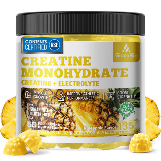 GlucoBio creatine monohydrate gummies bottle shown, convenient performance support in a tasty pineapple formula.