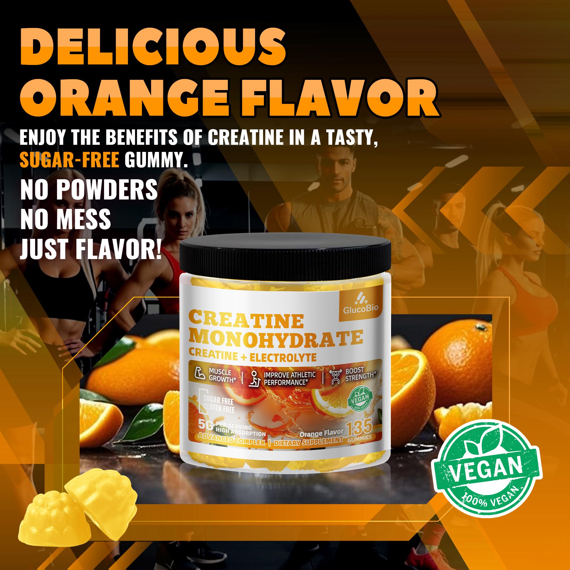 Glucobio Creatine Monohydrate Gummies close-up showing soft chewy texture.