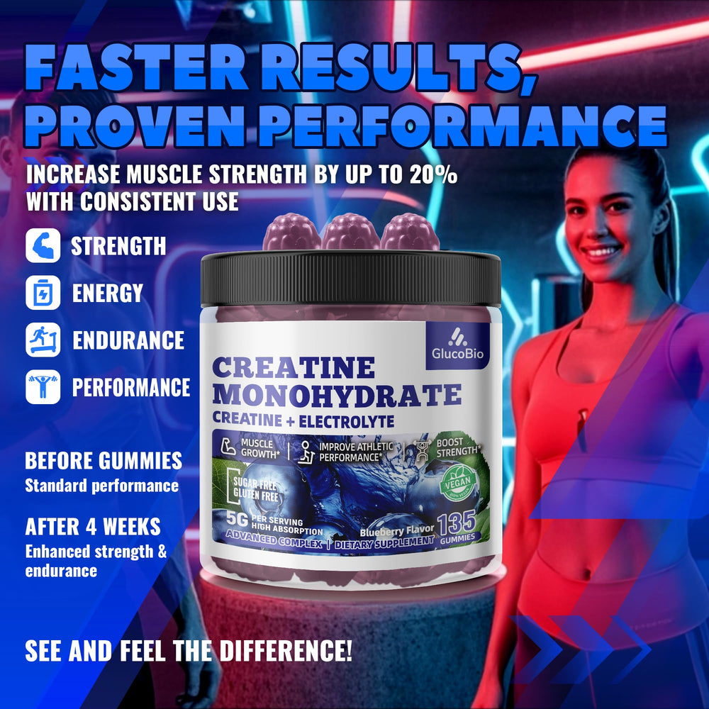 GlucoBio Creatine Monohydrate Gummies blueberry flavor showcases tasty nutrition.