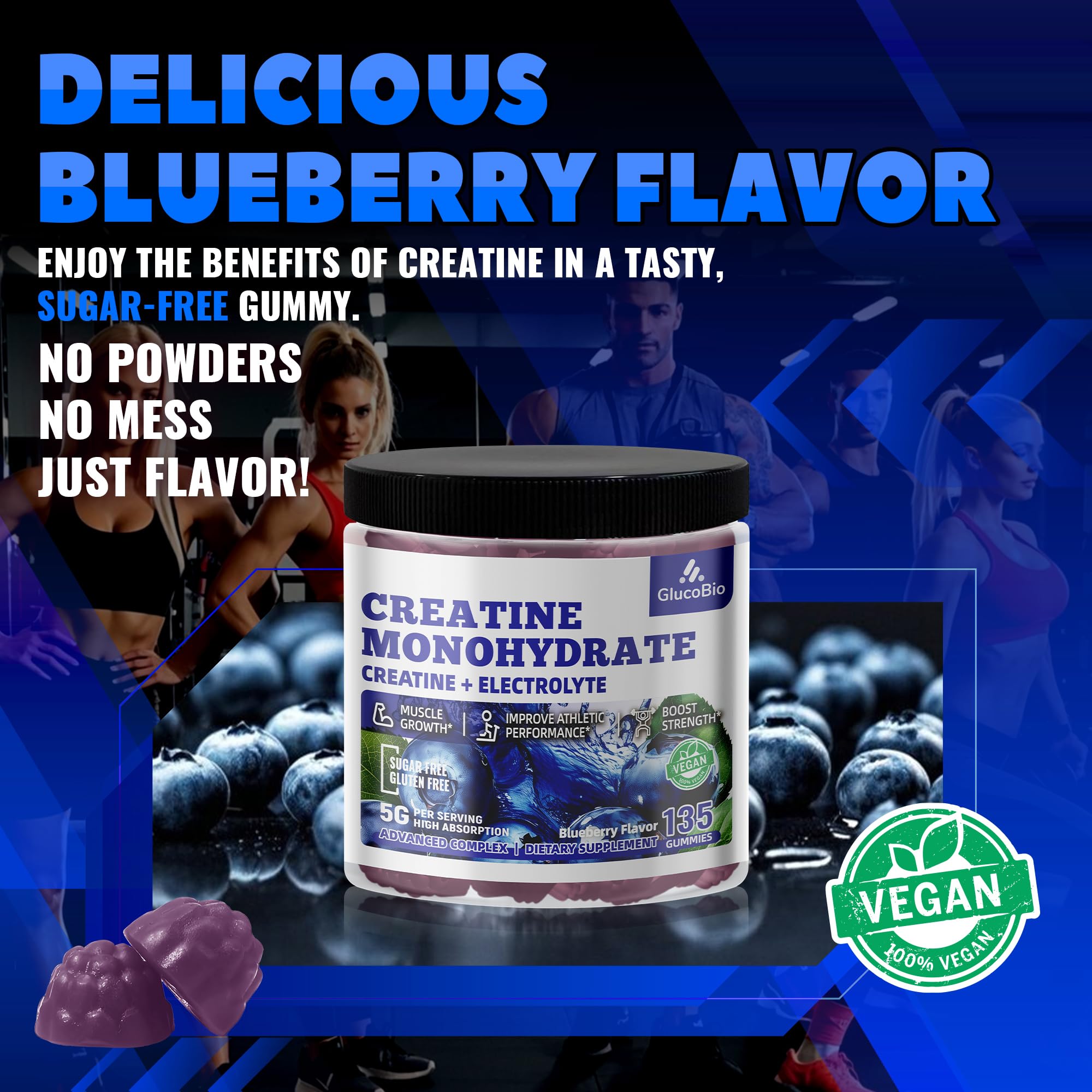 GlucoBio Creatine Monohydrate Gummies gelatin-free vegan seal communicates allergen-friendly design.